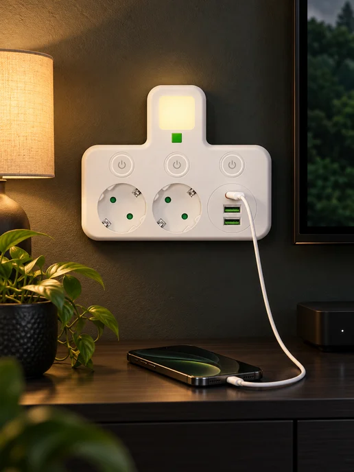 Розеточный блок на 2 розетки с USB Type-C и выключателями, белый, фото 5