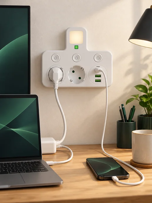 Розеточный блок на 2 розетки с USB Type-C и выключателями, белый, фото 6