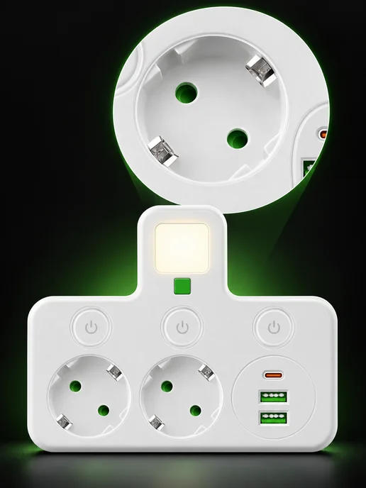 Розеточный блок на 2 розетки с USB Type-C и выключателями, белый, фото 7