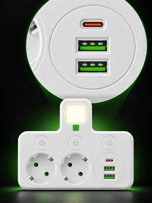 Розеточный блок на 2 розетки с USB Type-C и выключателями, белый, фото 8