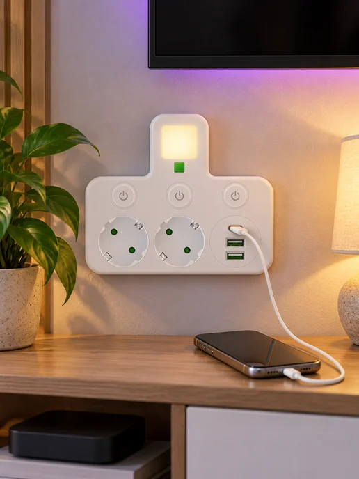 Розеточный блок на 2 розетки с USB Type-C и выключателями, белый, фото 5