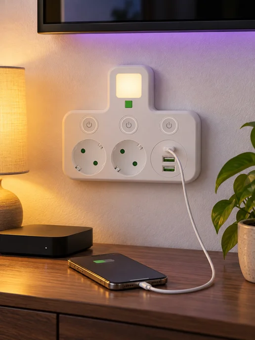 Розеточный блок на 2 розетки с USB Type-C и выключателями, белый, фото 5
