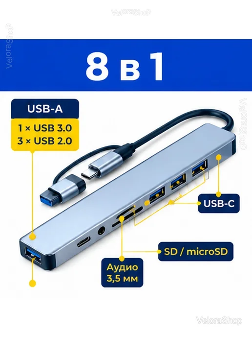 USB-хаб 8 в 1 Type-C разветвитель док-станция, серый, фото 3