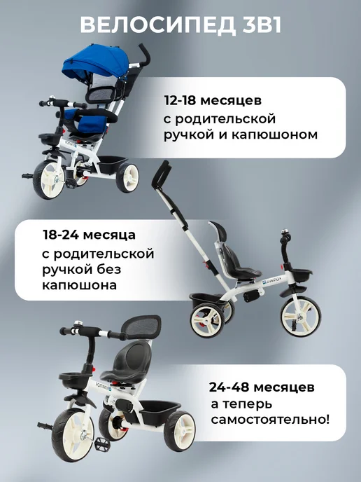 Велосипед детский трехколесный с родительской ручкой и от 1, синий, фото 2