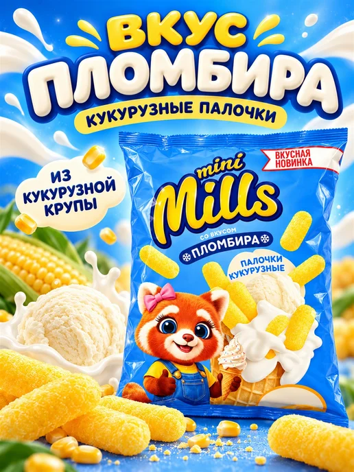 Mini Mills Кукурузные палочки со вкусом пломбира 70 г, 70 г, 2 шт, фото 5