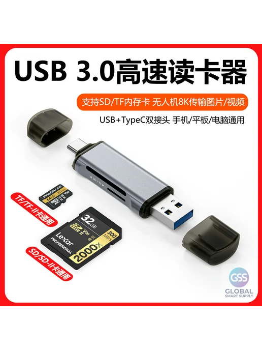 Нет бренда Картридер USB Type-C для карт SD и TF, 3 в 1, серый, фото 3