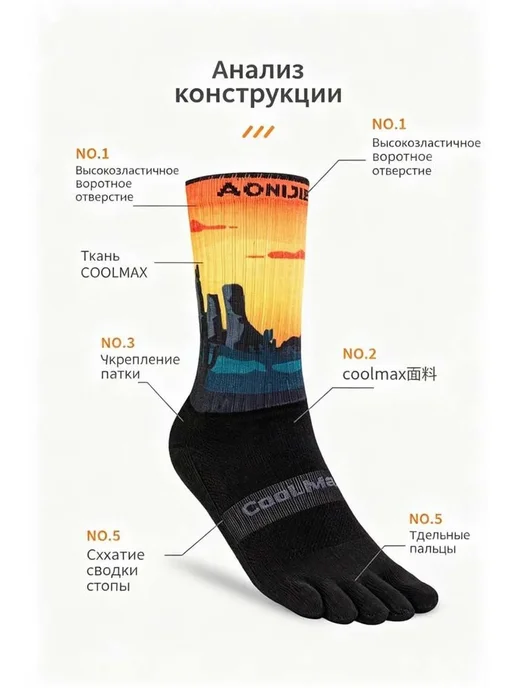 Спортивные пятипалые носки высокие, вариант, фото 2