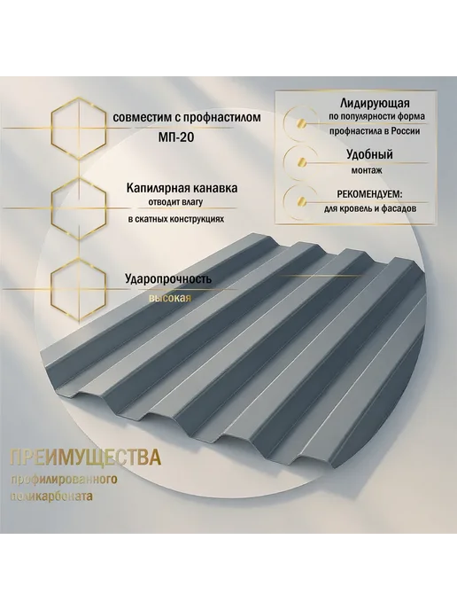 Пластилюкс Кровельный поликарбонат (Серый) 0.8 1150х1000 мм. 10 шт, 1150x1000 мм, 13 шт, фото 2
