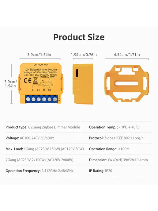 AVATTO WiFi Диммер 2CH, WiFi-2 gang, желтый, фото 7