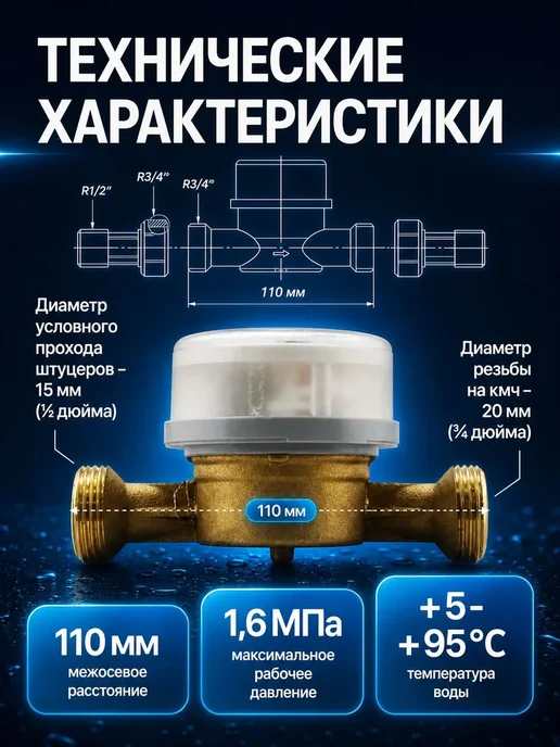 ПУЛЬС Счетчик воды универсальный 15У-110, 15мм, 110мм,без КМЧ, 2шт, вариант, фото 2
