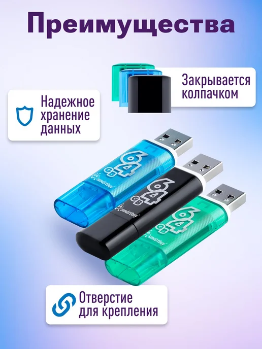 Флешка USB 2.0 64 ГБ Smartbuy Glossy 3 шт комплект 2+1 разно, 64 ГБ, 3 шт, фото 4