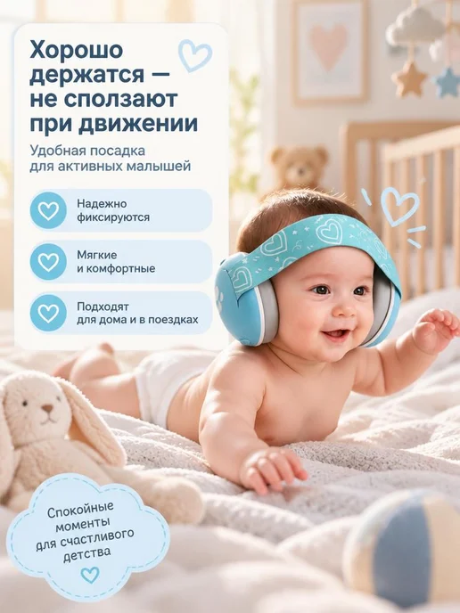 Шумоподавляющие наушники для мла3енцев 2 в 1, 3предметов, синий, фото 2