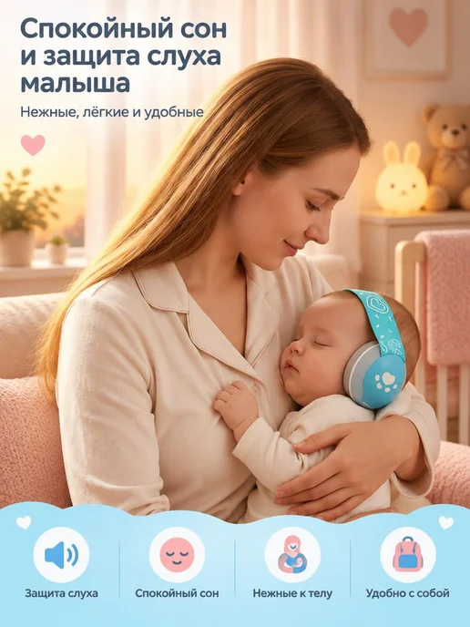 Шумоподавляющие наушники для мла3енцев 2 в 1, 3предметов, синий, фото 8