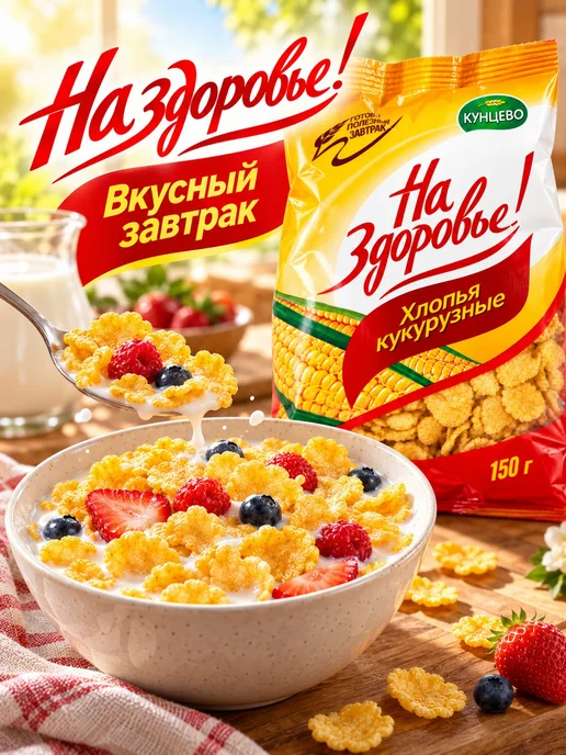 Кунцево Хлопья кукурузные На здоровье с сахаром 150 г 3 шт, 150 г, фото 5