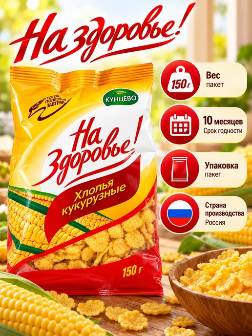 Кунцево Хлопья кукурузные На здоровье с сахаром 150 г 3 шт, 150 г, фото 6