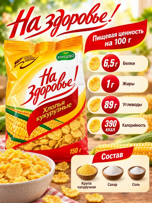 Кунцево Хлопья кукурузные На здоровье с сахаром 150 г 3 шт, 150 г, 6 шт, фото 4