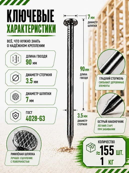 Гвозди 90 мм 1кг строительные черные 3.5х90мм, 3.5x90 мм, 1 кг, фото 2