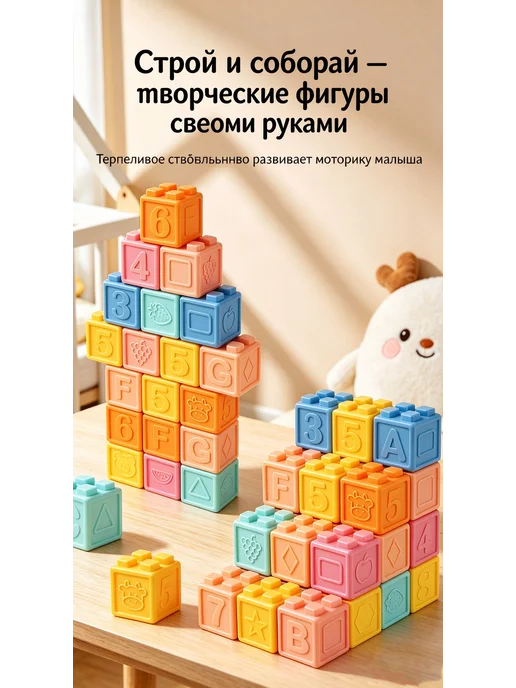 Силиконовые кубики для малышей, Живот+фрукты+цифры+формы, вариант, фото 2