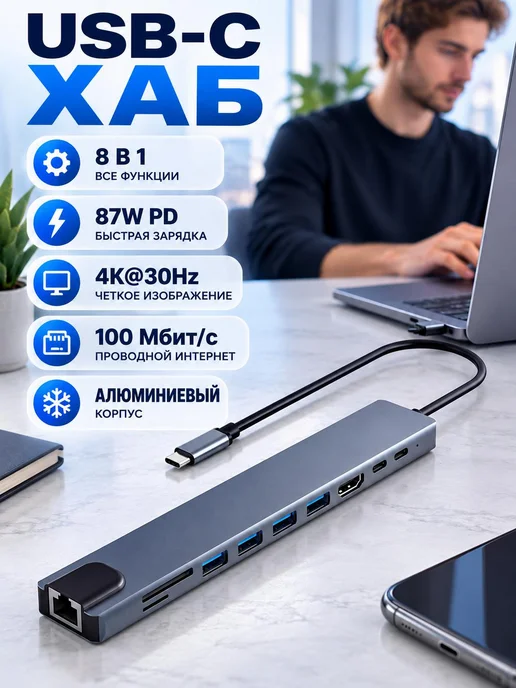 Док-станция 8 в 1 с HDMI 4K и USB 3.0, вариант, фото 28