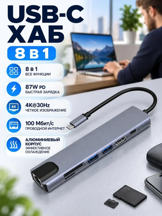 Док-станция 8 в 1 с HDMI 4K и USB 3.0, вариант, фото 30