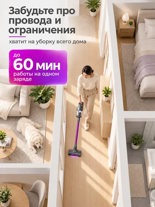 Вертикальный пылесос беспроводной, фиолетовый, фото 3