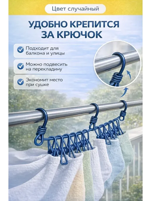 Бельевая веревка с прищепками универсальная, синий