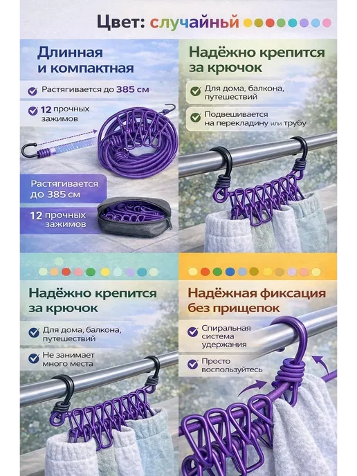 Универсальная бельевая веревка с прищепками, синий