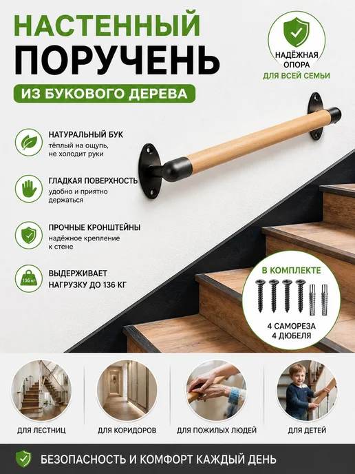 Деревянный круглый поручень для лестницы с кронштейнами, вариант, фото 2