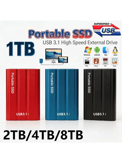 Портативный SSD-накопитель Samsung 128 ТБ USB 3.1 Синий, 16T, 128 ТБ, фото 2