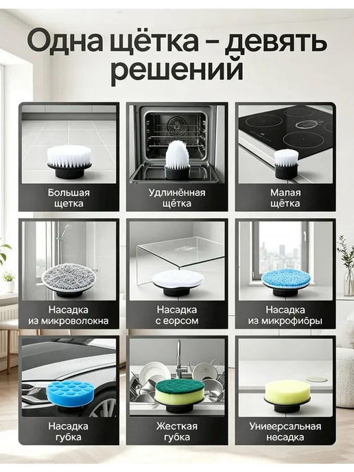Электрощетка для ванной и кухни 9 сменных насадок, белый, фото 5