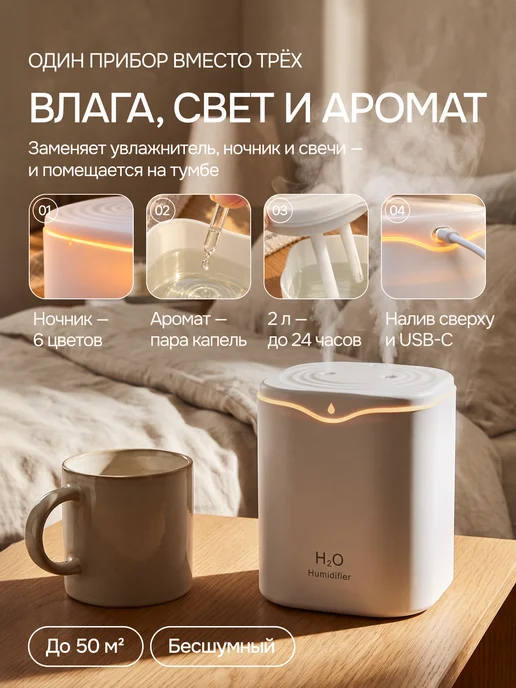 Портативный увлажнитель воздуха ультразвуковой для дома, белый, фото 4