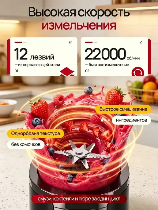 Блендер портативный беспроводной для смузи и коктейлей, черный, фото 4