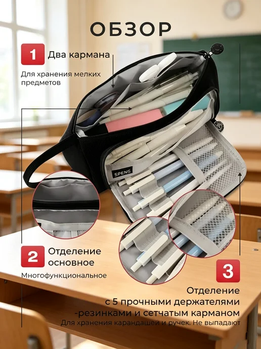 эстетик пенал special Пенал special черный школьный подростковый, три отделения, черный, фото 5